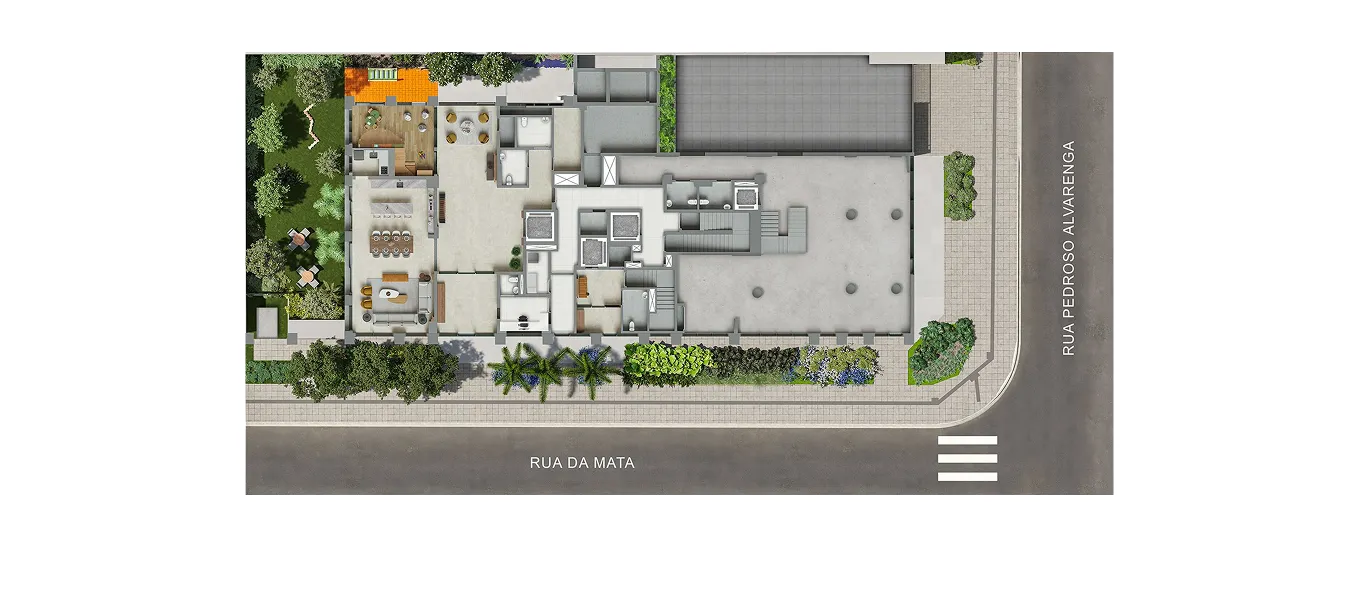 Perspectiva ilustrada da implantação do pavimento térreo